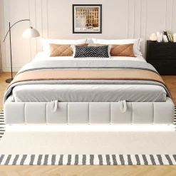 Lit 180x200 cm sans tête de lit avec rangement hydraulique et bande LED blanche, revêtement flanellette beige