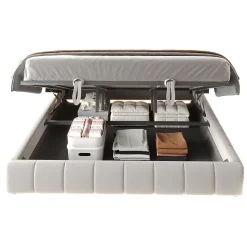 Lit 180x200 cm sans tête de lit avec rangement hydraulique et bande LED blanche, revêtement flanellette beige