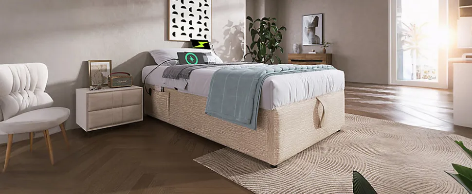 Lit 90x200 cm sommier relevable avec coffre de rangement tapissé lin naturel USB et Type C intégrés