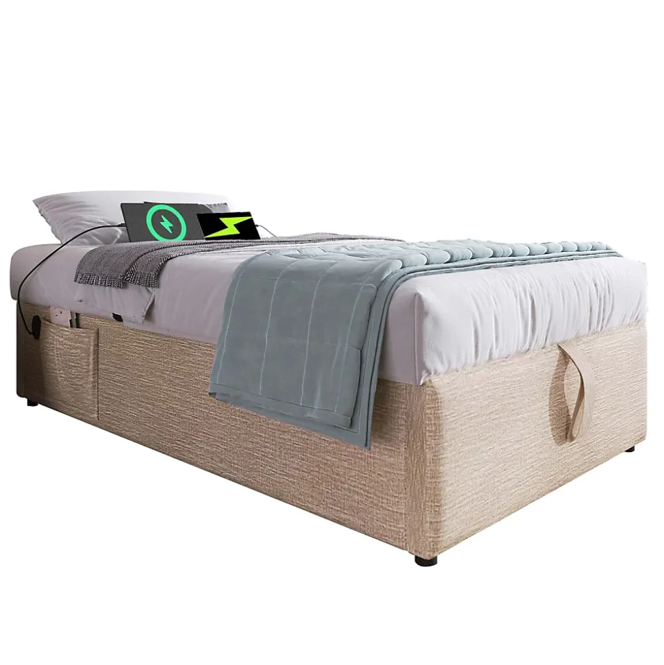 Lit 90x200 cm sommier relevable avec coffre de rangement tapissé lin naturel USB et Type C intégrés