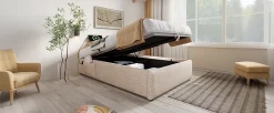 Lit 90x200 cm sommier relevable avec coffre de rangement tapissé lin naturel USB et Type C intégrés