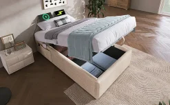 Lit 90x200 cm sommier relevable avec coffre de rangement tapissé lin naturel USB et Type C intégrés