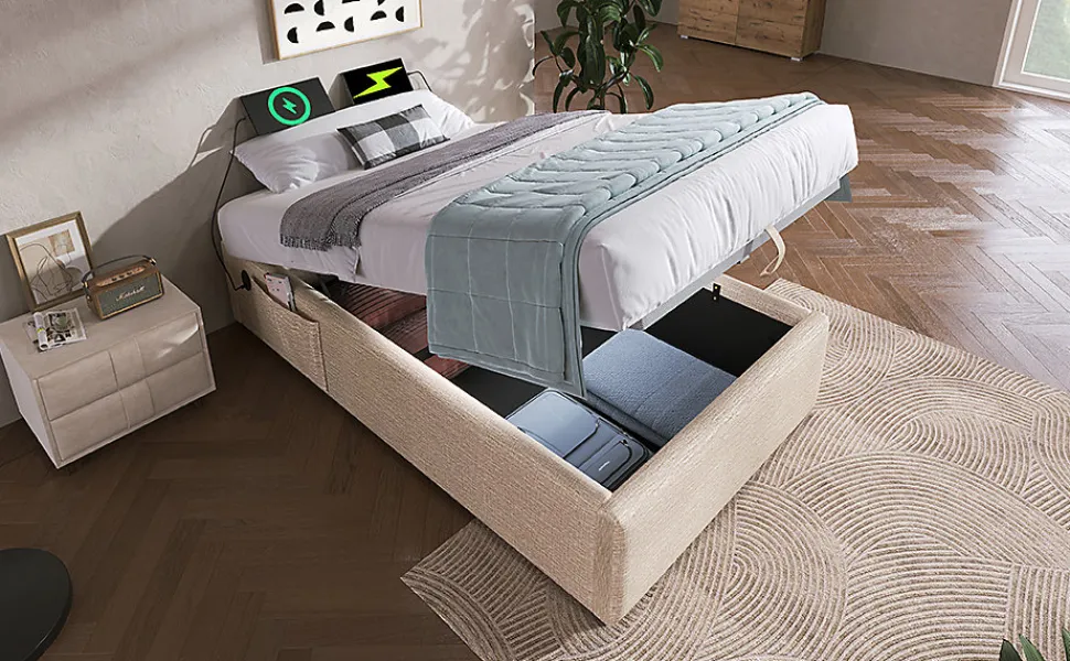 Lit 90x200 cm sommier relevable avec coffre de rangement tapissé lin naturel USB et Type C intégrés