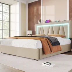 Lit 160x200 cm sommier relevable avec coffre de rangement et tête de lit réglable, tapissé lin beige