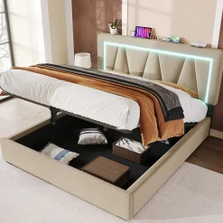 Lit 160x200 cm sommier relevable avec coffre de rangement et tête de lit réglable, tapissé lin beige