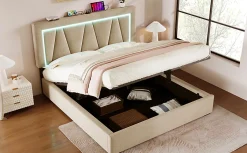 Lit 160x200 cm sommier relevable avec coffre de rangement et tête de lit réglable, tapissé lin beige