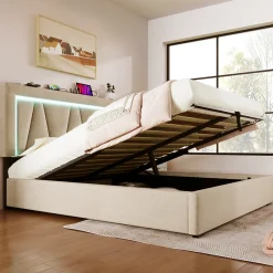 Lit 160x200 cm sommier relevable avec coffre de rangement et tête de lit réglable, tapissé lin beige