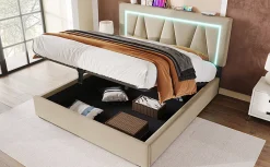 Lit 160x200 cm sommier relevable avec coffre de rangement et tête de lit réglable, tapissé lin beige