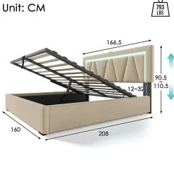 Lit 160x200 cm sommier relevable avec coffre de rangement et tête de lit réglable, tapissé lin beige