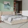 Lit 160x200 cm style Chesterfield avec tête haute 94,5 cm, revêtement velours beige et rangement hydraulique
