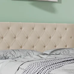 Lit 160x200 cm style Chesterfield avec tête haute 94,5 cm, revêtement velours beige et rangement hydraulique