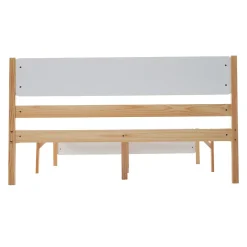 Lit 140x200 cm, style intemporel blanc et bois, tête et pied en MDF, cadre pin massif avec pieds centraux