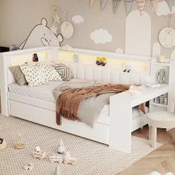 Lit 90x200 cm tapissé avec éclairage LED et ports USB, tiroir gigogne et bureau intégré de couleur blanche