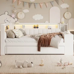 Lit 90x200 cm tapissé avec éclairage LED et ports USB, tiroir gigogne et bureau intégré de couleur blanche