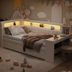 Lit 90x200 cm tapissé avec éclairage LED et ports USB, tiroir gigogne et bureau intégré de couleur blanche