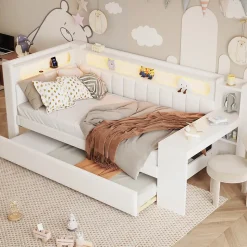 Lit 90x200 cm tapissé avec éclairage LED et ports USB, tiroir gigogne et bureau intégré de couleur blanche