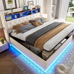 Lit 180x200 cm tapissé beige avec LED multicolore et rangement hydraulique, cadre métal stable