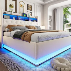 Lit 180x200 cm tapissé beige avec LED multicolore et rangement hydraulique, cadre métal stable