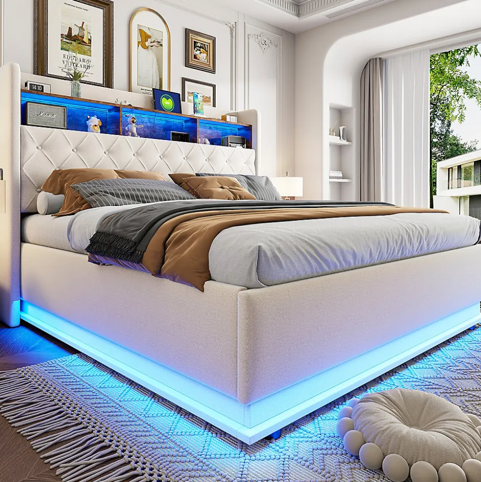 Lit 180x200 cm tapissé beige avec LED multicolore et rangement hydraulique, cadre métal stable