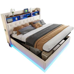 Lit 180x200 cm tapissé beige avec LED multicolore et rangement hydraulique, cadre métal stable
