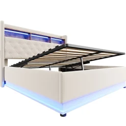Lit 180x200 cm tapissé beige avec LED multicolore et rangement hydraulique, cadre métal stable