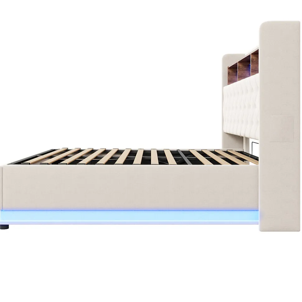 Lit 180x200 cm tapissé beige avec LED multicolore et rangement hydraulique, cadre métal stable