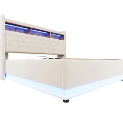 Lit 180x200 cm tapissé beige avec LED multicolore et rangement hydraulique, cadre métal stable