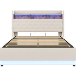 Lit 180x200 cm tapissé beige avec LED multicolore et rangement hydraulique, cadre métal stable