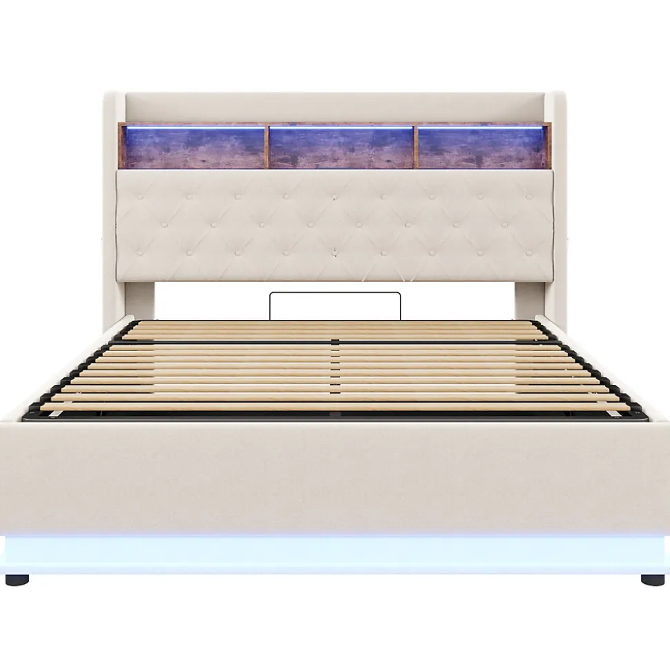 Lit 180x200 cm tapissé beige avec LED multicolore et rangement hydraulique, cadre métal stable