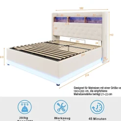 Lit 180x200 cm tapissé beige avec LED multicolore et rangement hydraulique, cadre métal stable