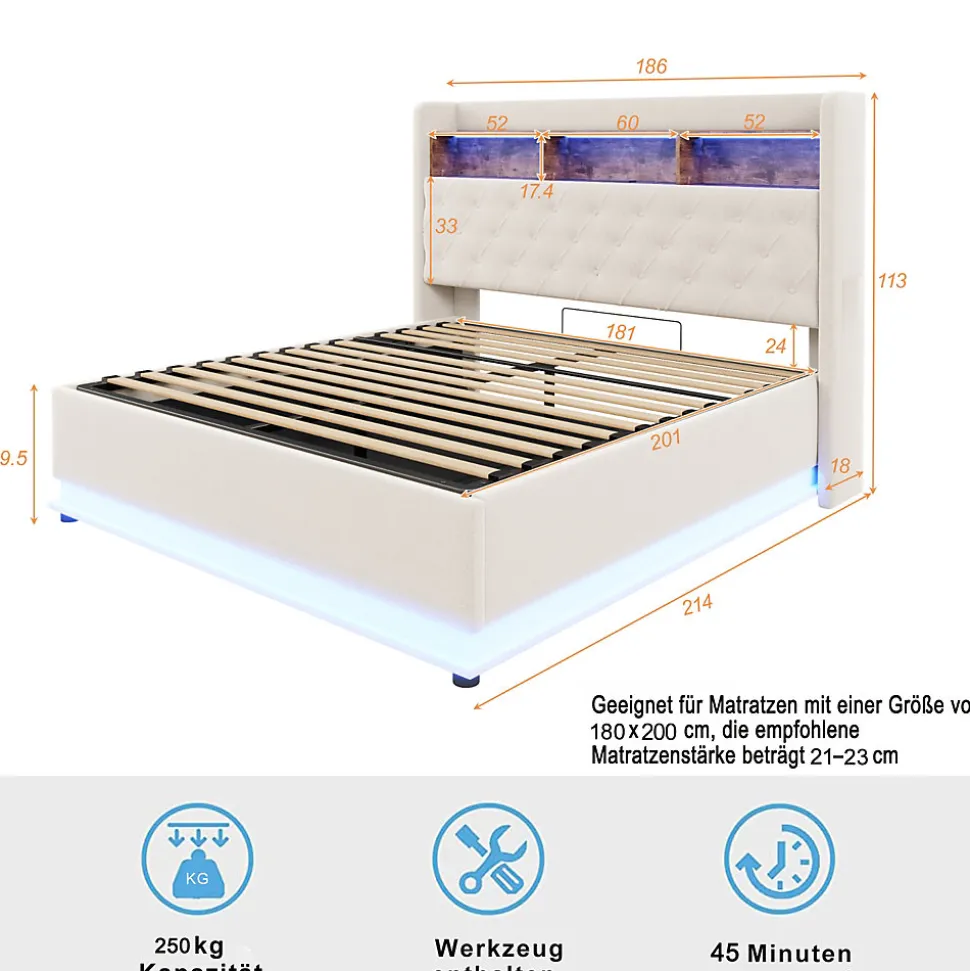 Lit 180x200 cm tapissé beige avec LED multicolore et rangement hydraulique, cadre métal stable