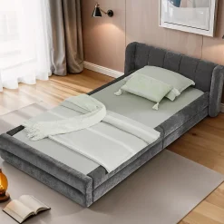 Lit 90x200 cm tapissé chenille Dark Gray avec tête de lit ergonomique et profil bas minimaliste
