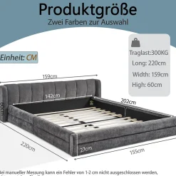 Lit 140x200 cm tapissé chenille avec tête matelassée et structure renforcée, gris foncé, design scandinave