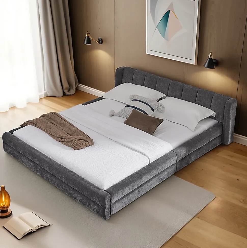 Lit 140x200 cm tapissé chenille avec tête matelassée et structure renforcée, gris foncé, design scandinave