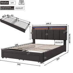 Lit 140x190 cm tapissé effet lin avec tête de lit à éclairage LED, rangement sous le lit et structure acier