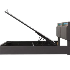 Lit 140x190 cm tapissé effet lin avec tête de lit à éclairage LED, rangement sous le lit et structure acier