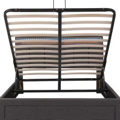 Lit 140x190 cm tapissé effet lin avec tête de lit à éclairage LED, rangement sous le lit et structure acier