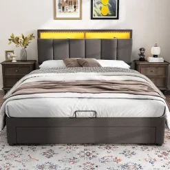 Lit 140x190 cm tapissé effet lin avec tête de lit à éclairage LED, rangement sous le lit et structure acier