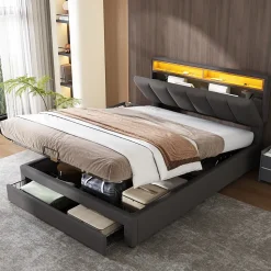 Lit 140x190 cm tapissé effet lin avec tête de lit à éclairage LED, rangement sous le lit et structure acier