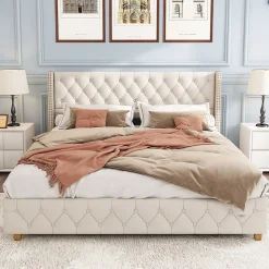 Lit 160x200 cm tapissé en lin avec tête capitonnée et clous décoratifs, pieds renforcés beiges