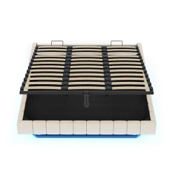Lit 180x200 cm tapissé en lin beige avec rangement hydraulique et bande LED intégrée, sans tête, cadre métal robuste