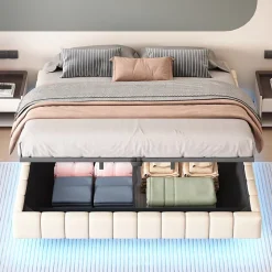 Lit 180x200 cm tapissé en lin beige avec rangement hydraulique et bande LED intégrée, sans tête, cadre métal robuste