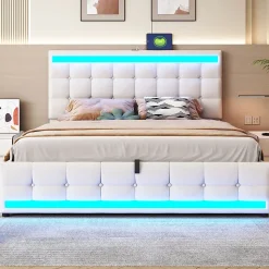 Lit 180x200 cm tapissé en lin beige avec bande LED RGB intégrée, tête de lit réglable et ports USB