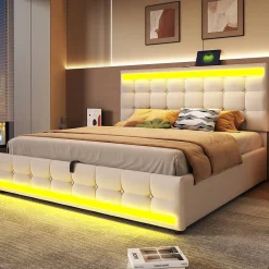 Lit 180x200 cm tapissé en lin beige avec bande LED RGB intégrée, tête de lit réglable et ports USB