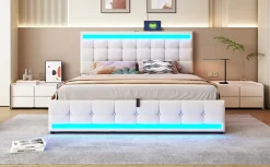 Lit 180x200 cm tapissé en lin beige avec bande LED RGB intégrée, tête de lit réglable et ports USB
