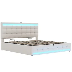 Lit 180x200 cm tapissé en lin beige avec bande LED RGB intégrée, tête de lit réglable et ports USB