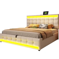 Lit 180x200 cm tapissé en lin beige avec bande LED RGB intégrée, tête de lit réglable et ports USB