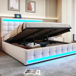 Lit 180x200 cm tapissé en lin beige avec bande LED RGB intégrée, tête de lit réglable et ports USB