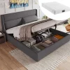 Lit 160x200 cm tapissé en lin gris avec tête de lit réglable et coffre de rangement hydraulique