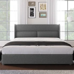 Lit 160x200 cm tapissé en lin gris avec tête de lit réglable et coffre de rangement hydraulique